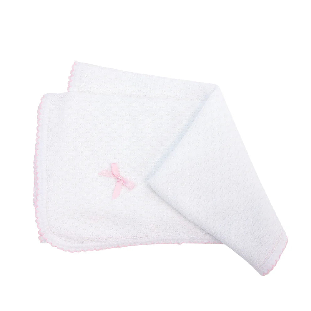 Paty Knit Swaddle Blanket- White Pink Trim with Bow