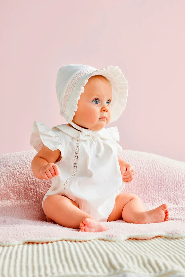 Ivory Smocked Bonnet-White/ Pink
