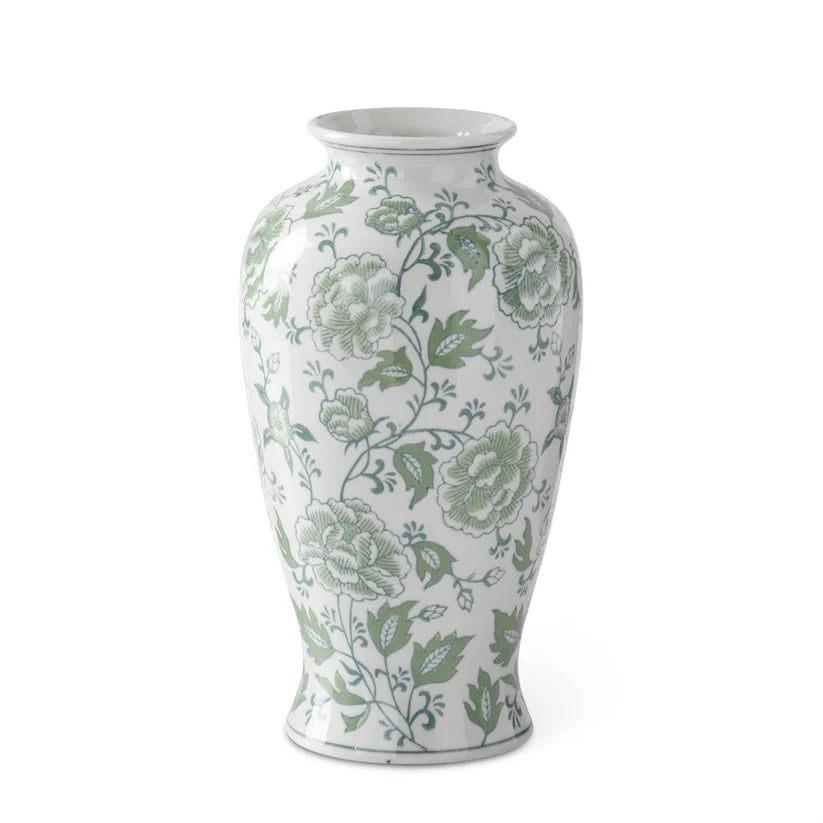 12.25 Inch Green & White Floral Ceramic Vase