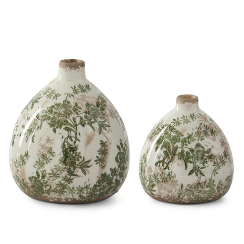 Green & Cream Crackled Ceramic Chinoiserie Vase-Small