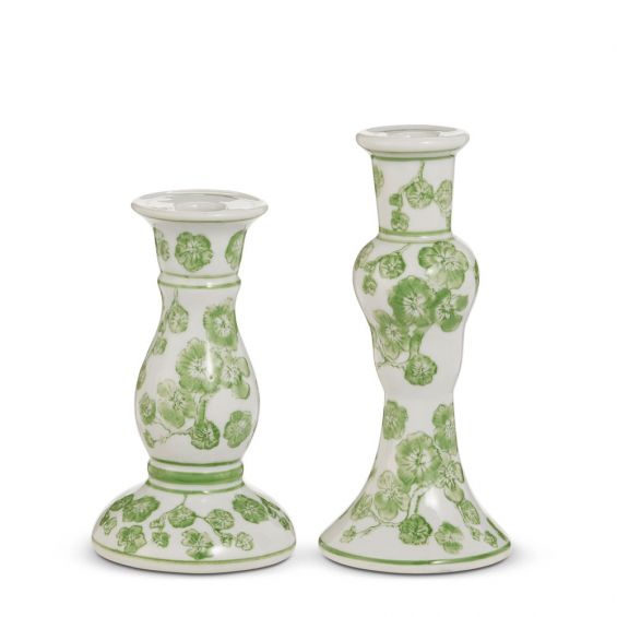 Green Cherry Blossom Candlesticks Set of 2 8.25"