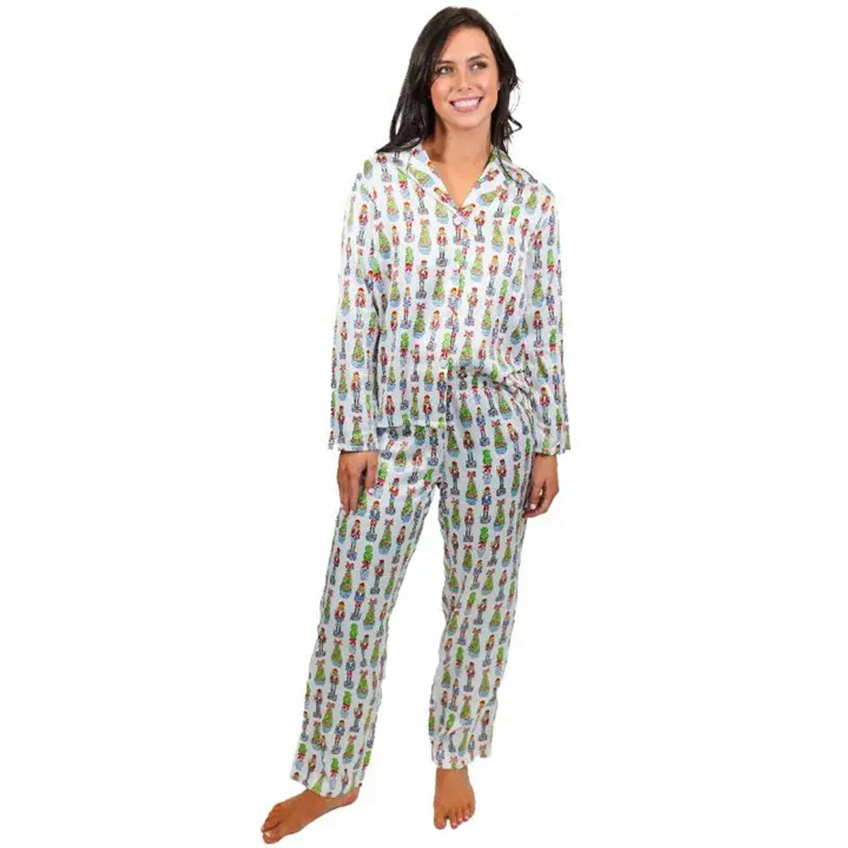 Women's Festive Nutcracker Silky Satin Pajama Long Sleeve Set