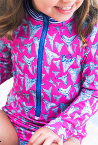 Prodoh Cheek Pink Shark Tooth Print Surf and Turf One Piece Suit