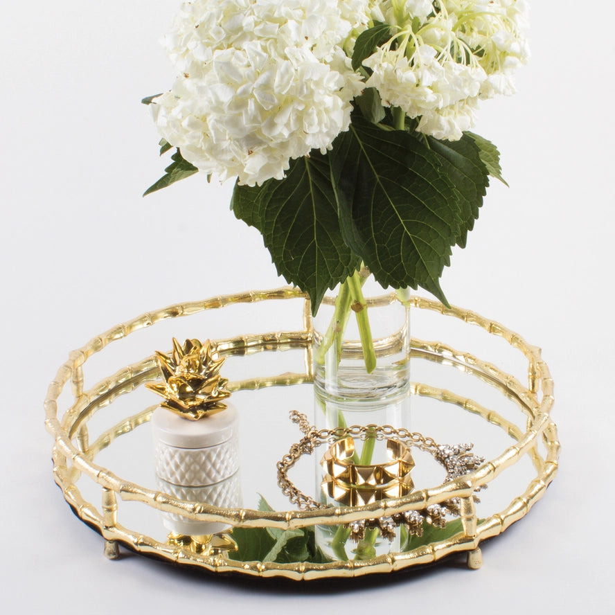 Gold Bamboo Round Mirrored Tray