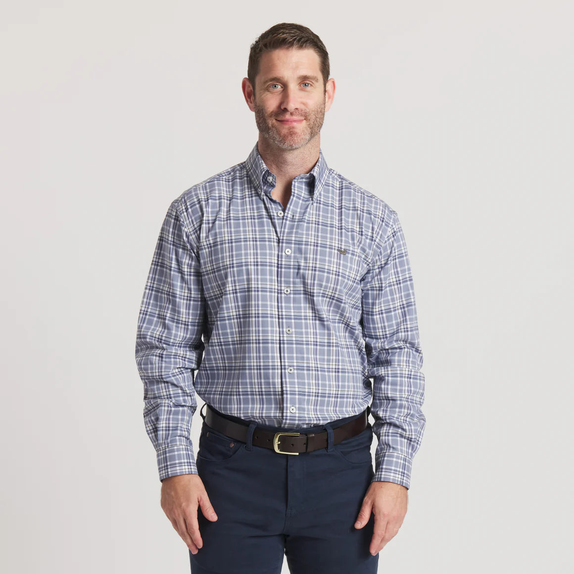 Grainger Performance Plaid Dress Shirt- Slate & Dark Olive