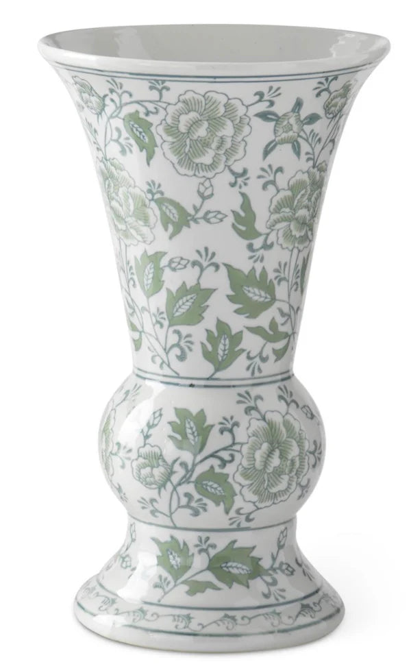 Green & White Floral Ceramic Tall Vase 14"