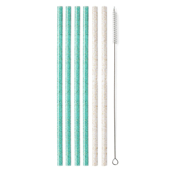 Swig Glitter Clear + Aqua Reusable Straw Set