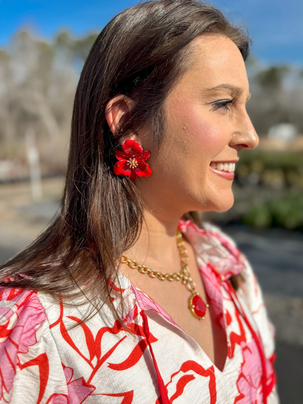 Valentina Enamel Flower Statement Earrings - Red