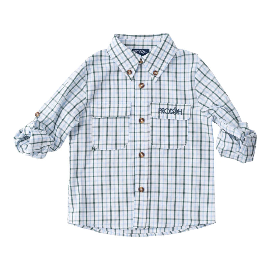 Founders Kids Fishing Shirt - Posy Green Powder Blue Windowpain