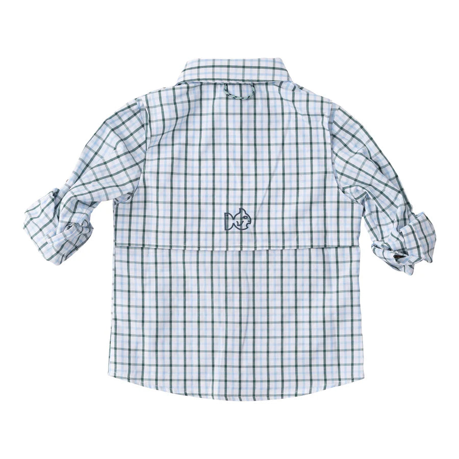 Founders Kids Fishing Shirt - Posy Green Powder Blue Windowpain