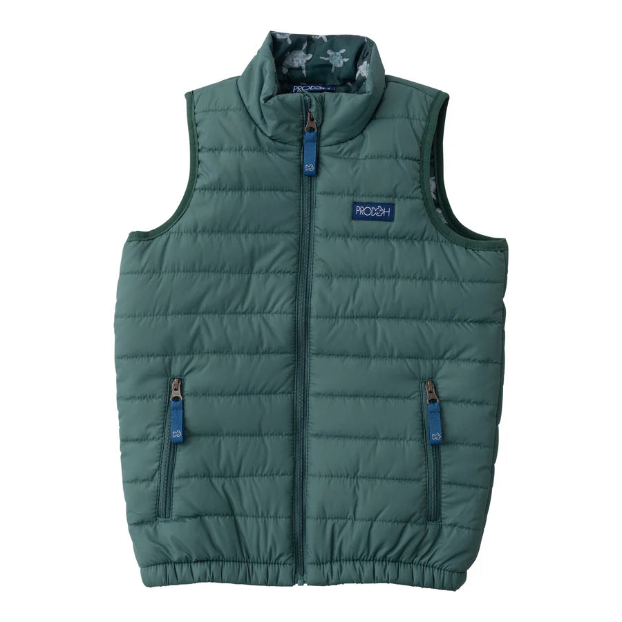 Kid's Puffer Vest - Posy Green w/ Sea Turtle Print Liner