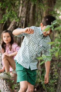 Founders Kids Fishing Shirt - Posy Green Powder Blue Windowpain