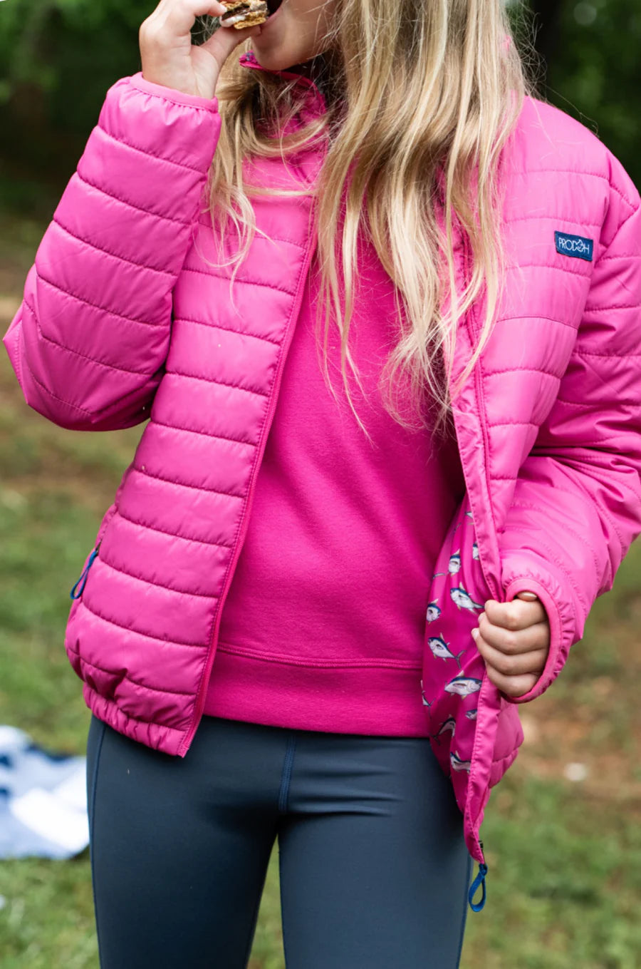 Girl's Puffer Jacket - Raspberry Rose Pink with Bigeye Tuna Print Liner