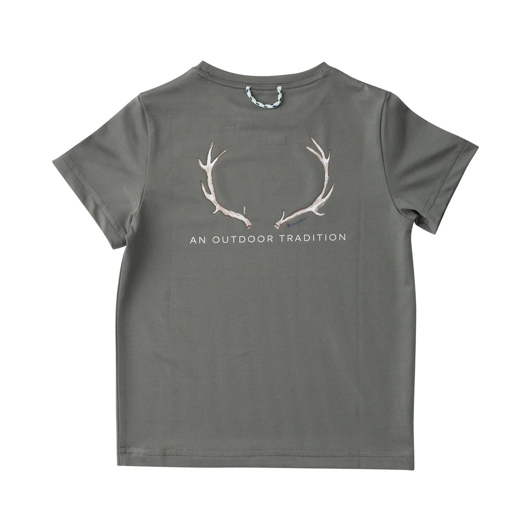 Kid's Pro Performance Short Sleeve T-shirt in Olive Green with Deer Antlers