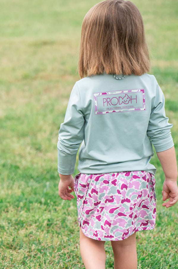 Girls' Pro Performance Long Sleeve T-shirt in Blue Surf with Pink Camo PRODOH Logo