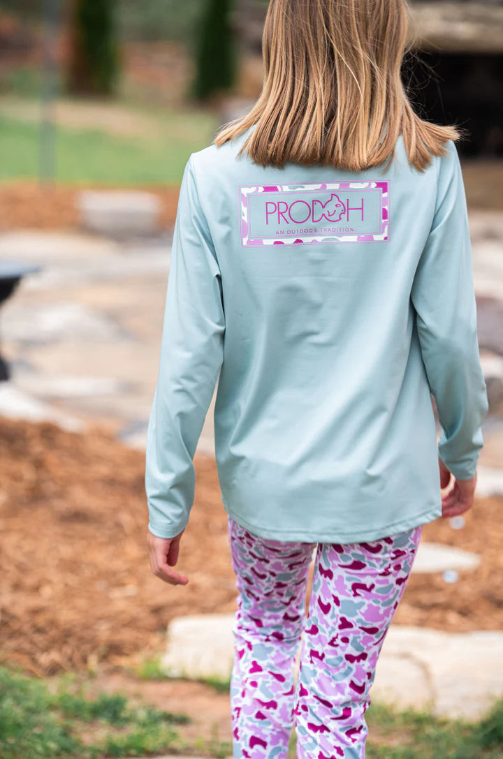 Girls' Pro Performance Long Sleeve T-shirt in Blue Surf with Pink Camo PRODOH Logo