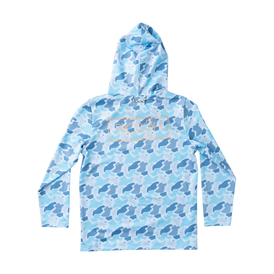 Kid's Pro Performance Hoodie T-shirt – Blue Camo Logo Print- Windsurfer Camo
