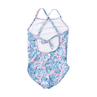 Girls' Spring Tides Bow Back One Piece Swimsuit — Pink Oyster Shell Print