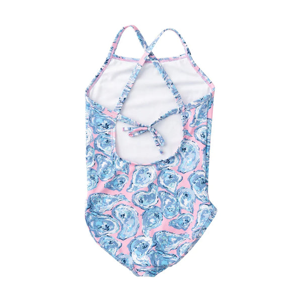 Girls' Spring Tides Bow Back One Piece Swimsuit — Pink Oyster Shell Print