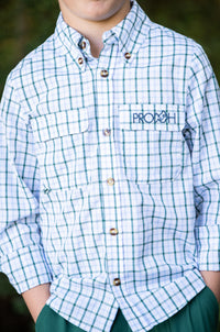 Founders Kids Fishing Shirt - Posy Green Powder Blue Windowpain