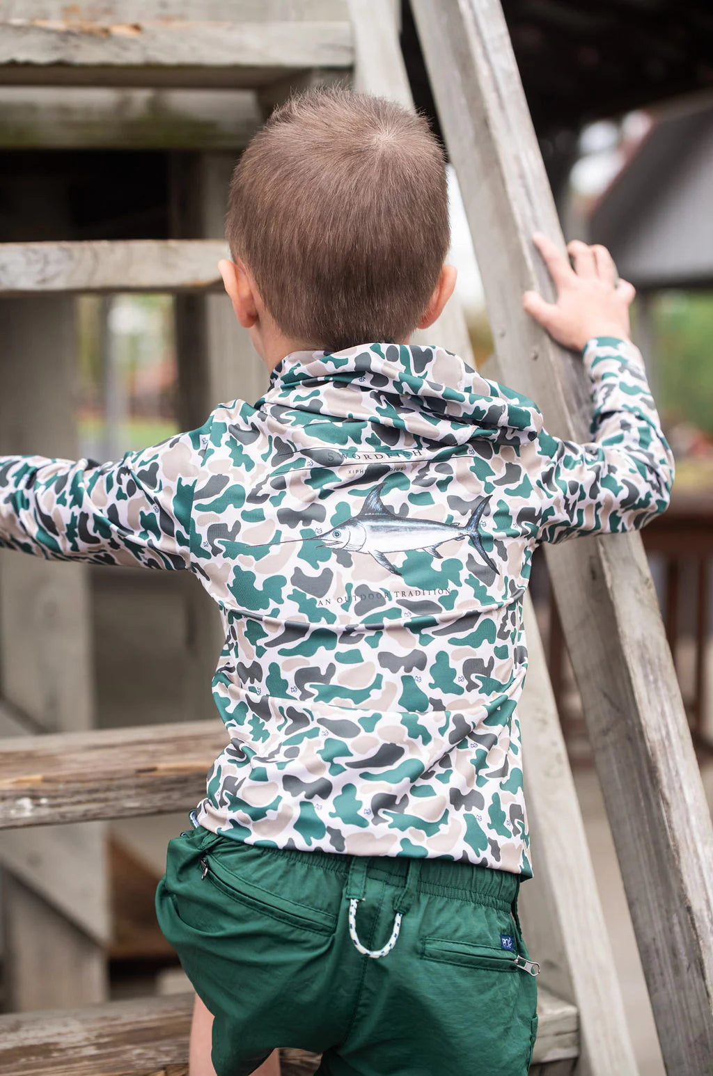 Kid's Pro Performance Hoodie T-shirt in Break Point Camo with Swordfish