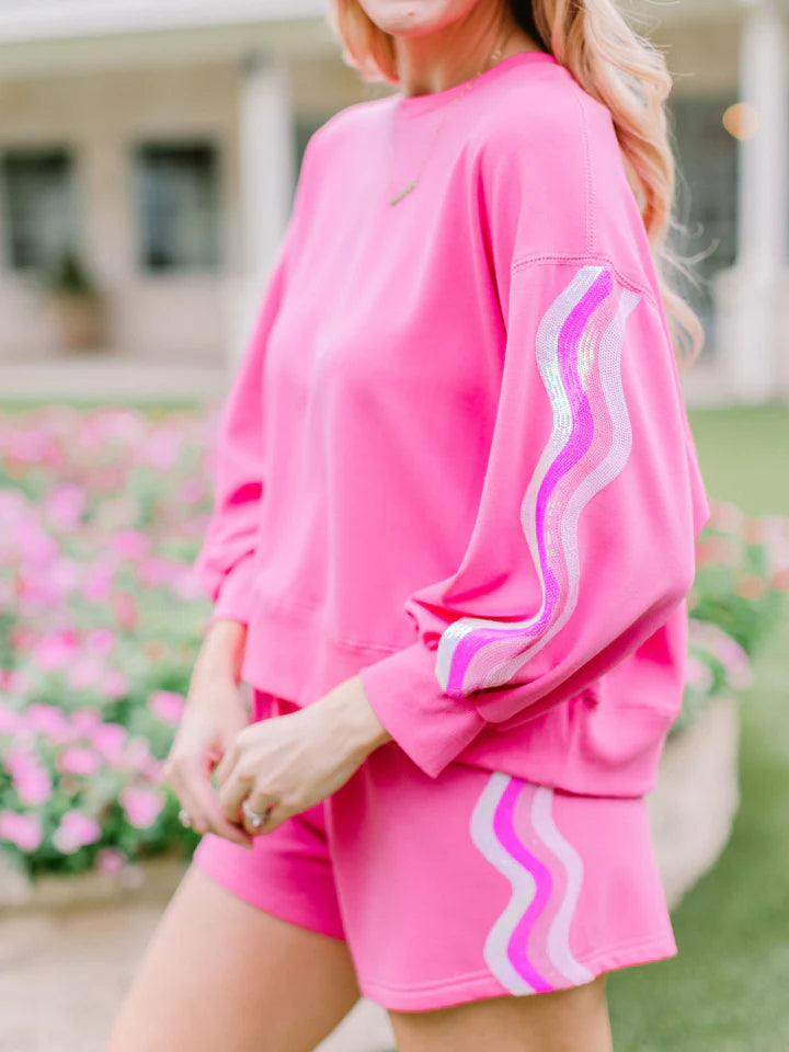 Millie Sweatshirt Set- Pink Sequin Wavy Stripes