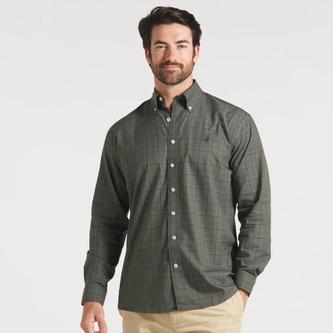Chatham Lines Performance Dress Shirt - Dark Olive & Navy