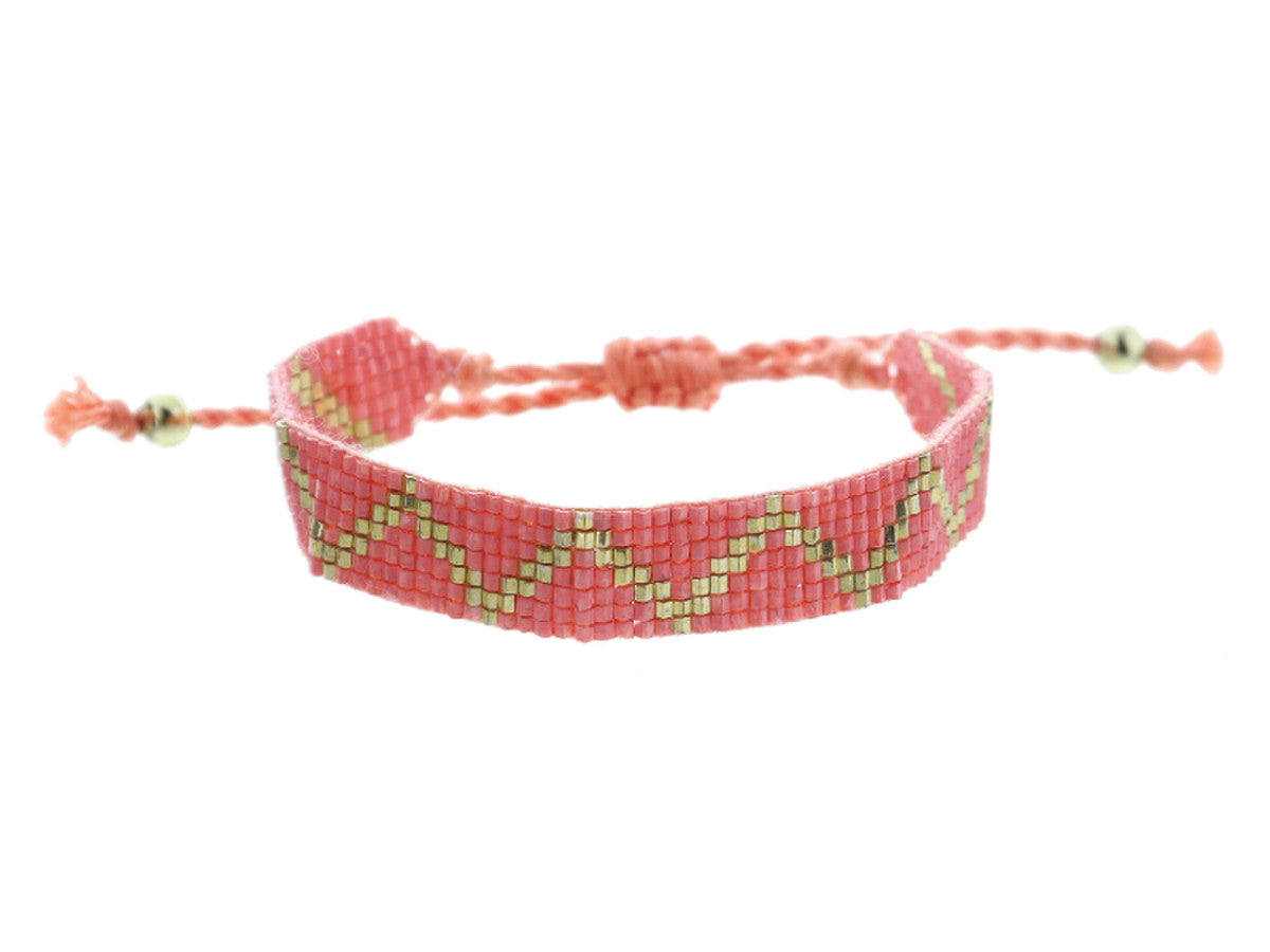 Kids Woven Bead Bracelet-Coral and Gold Zigzag