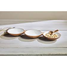 Triple Wood Bowl Tray, Brown/White