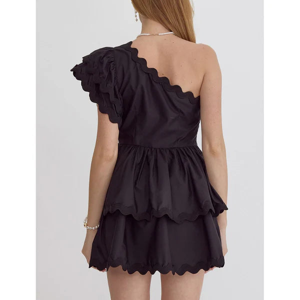 One Shoulder Tiered Mini Dress- Black