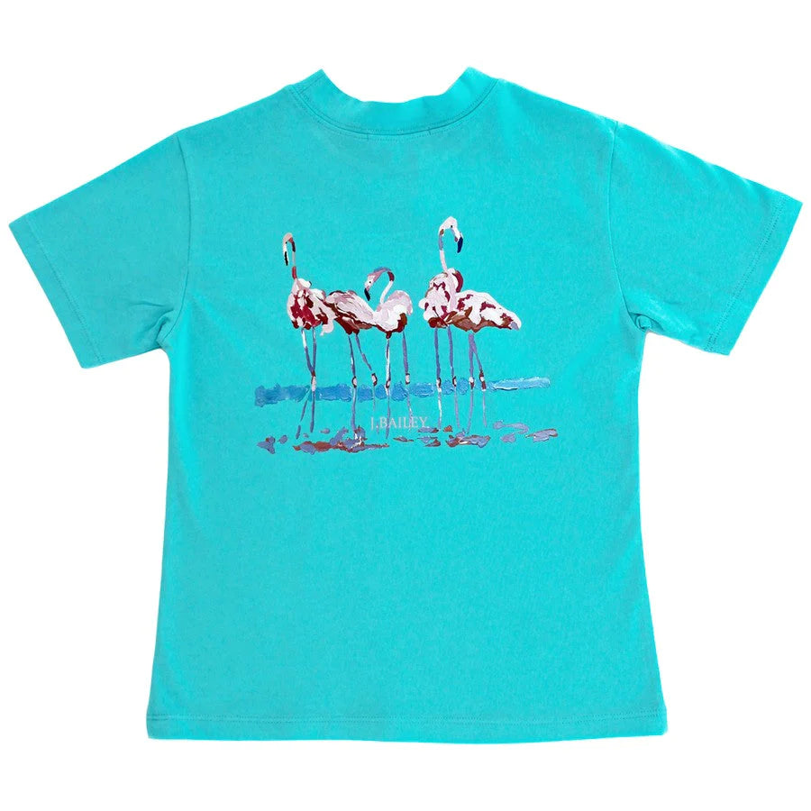 Girls Short Sleeve Logo Tee- Flamingo on Seafoam