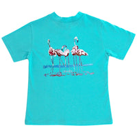 Girls Short Sleeve Logo Tee- Flamingo on Seafoam