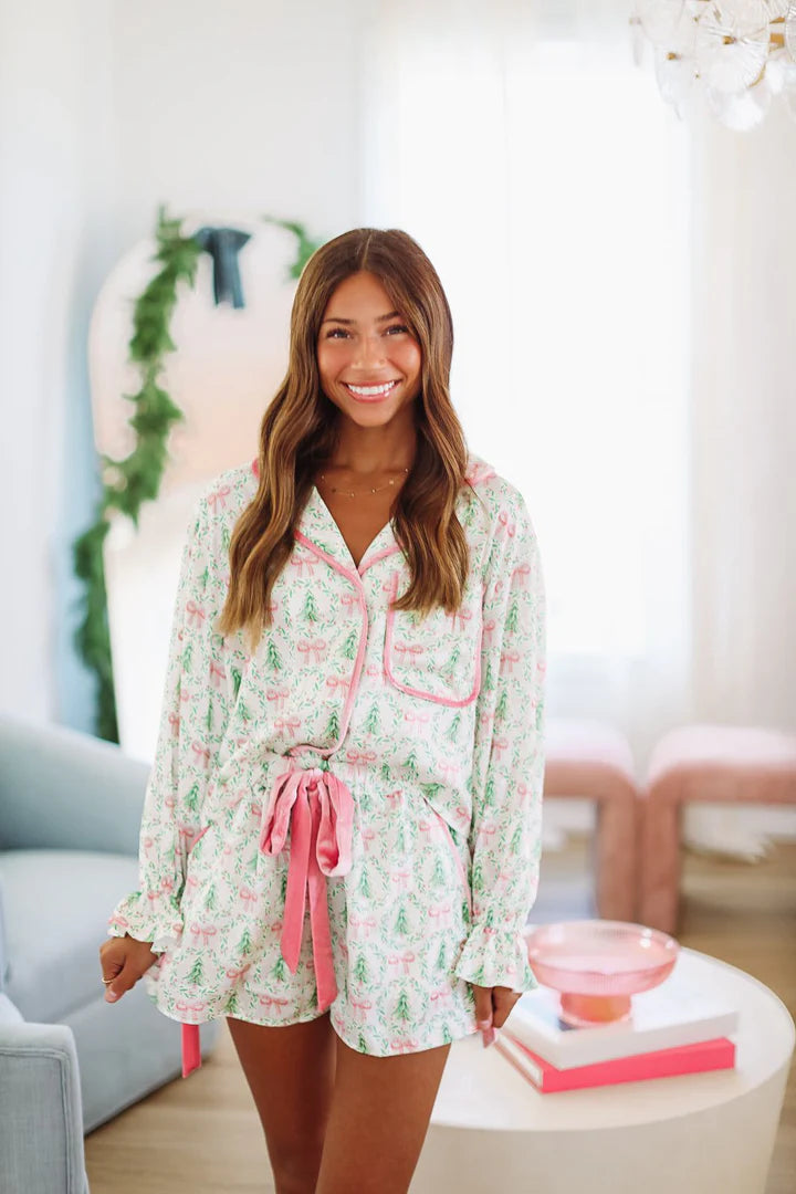 Christmas Tree and Bows Pajamas - Ivory and Pink