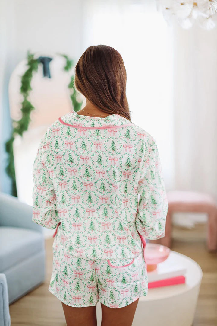 Christmas Tree and Bows Pajamas - Ivory and Pink