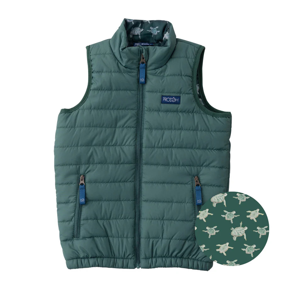 Kid's Puffer Vest - Posy Green w/ Sea Turtle Print Liner