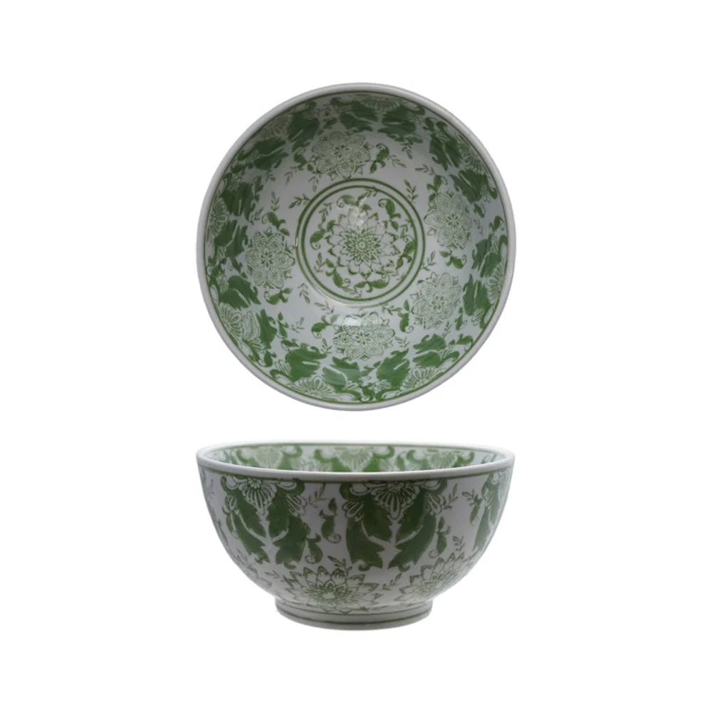 Round Stoneware Bowl with Pattern - Green