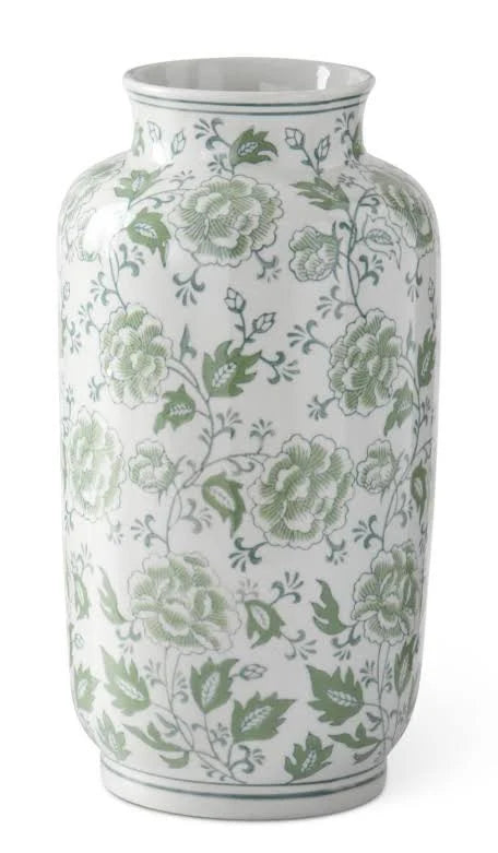 15" Green and White Floral Ceramic Vase