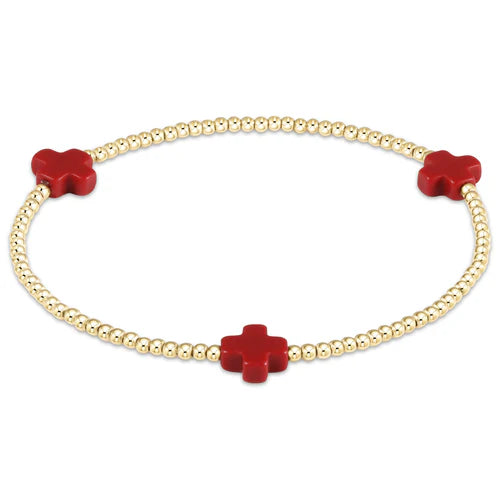 Signature Cross Small Gold Pattern 2mm Bead Bracelet - Red