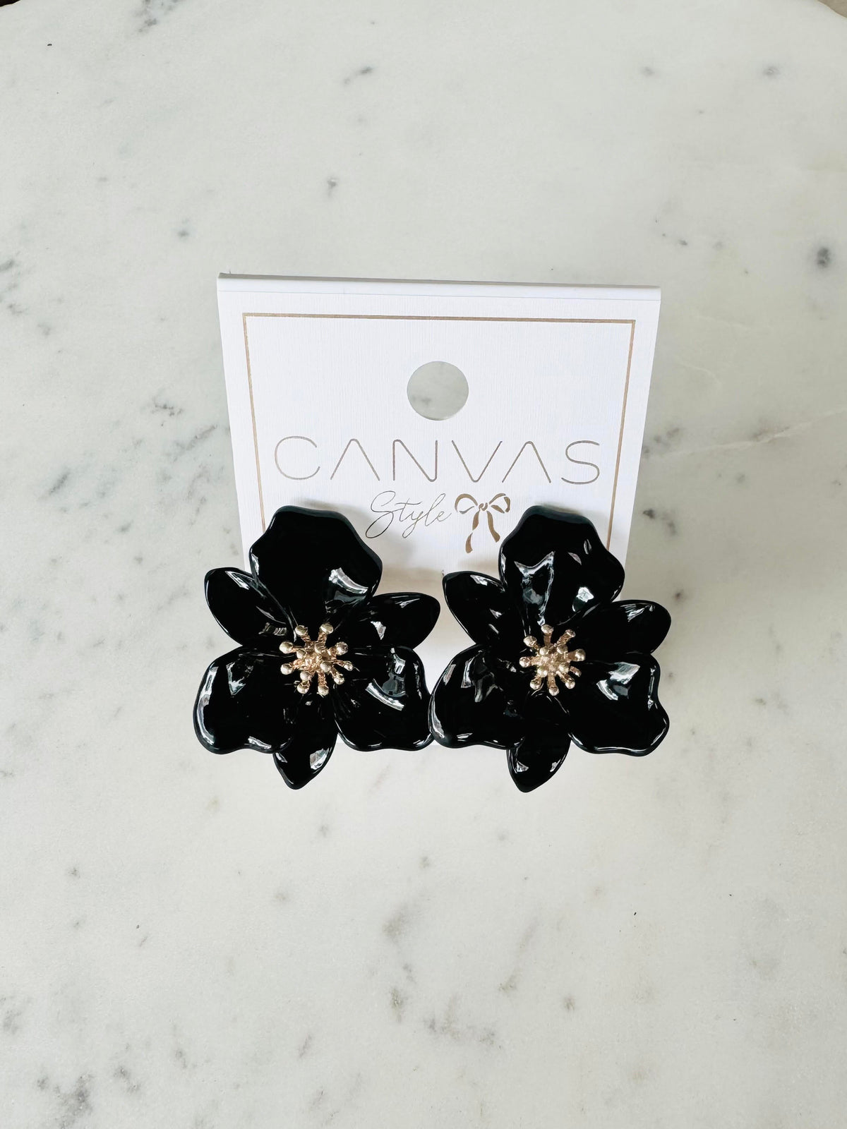 Valentina Enamel Flower Statement Earrings - Black