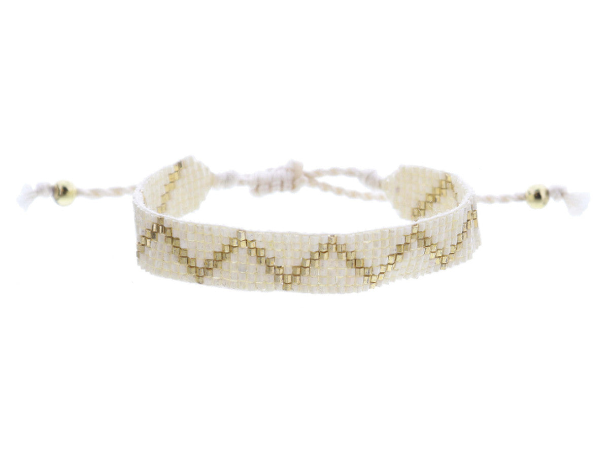 Kids Woven Bead Bracelet-Ivory, Gold Zigzag